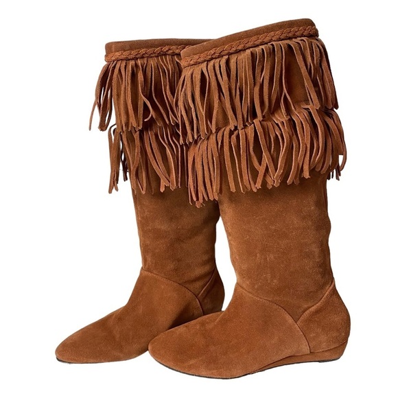 Gianni Bini women’s cognac suede fringe flat wedge ankle pull on boots sz 6.5 M - Picture 3 of 9